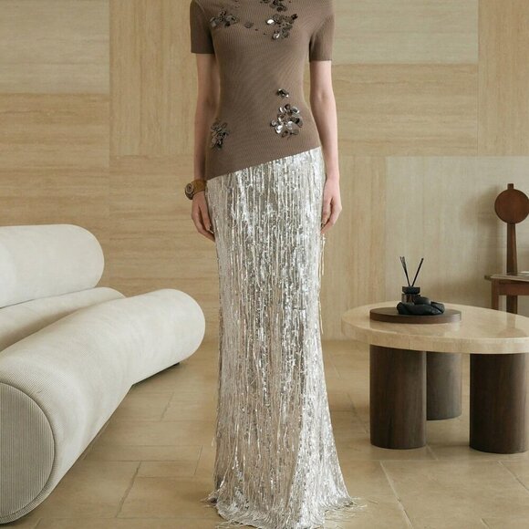 Silver Party Women's Sequin Fringe Mermaid maxi skirt - Picture 6 of 7